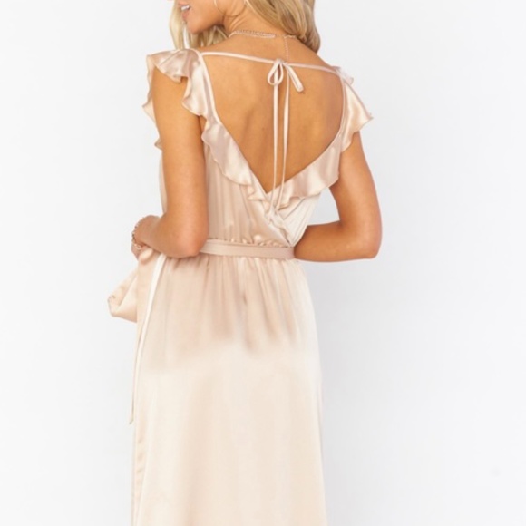 Show Me Your Mumu Bridesmaid Dress Samantha Champagne Luxe Satin Ruffle Wrap - Picture 4 of 9